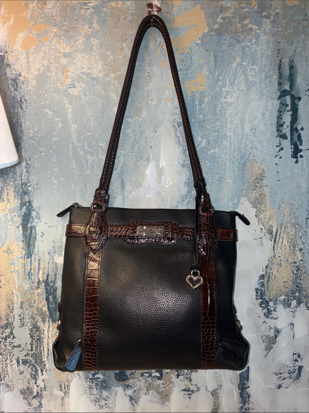 🔔🔔Summer  Sale ! Vintage Brighton Black Leather Shoulder Bag w / Brown Croc $45